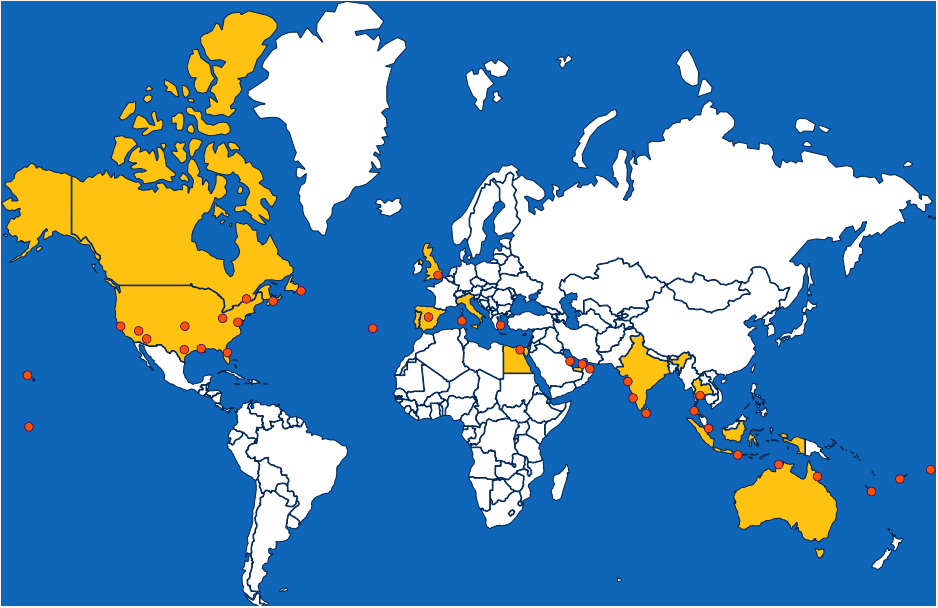 A map of the world with yellow and white dots.