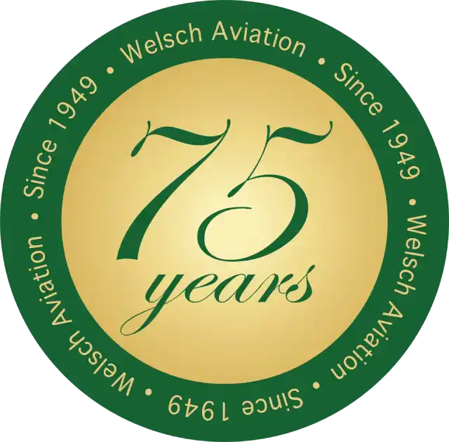 A green and yellow logo for the 7 5 th anniversary of welch aviation.