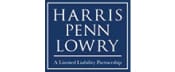 A blue and white logo for harris penn lowry.