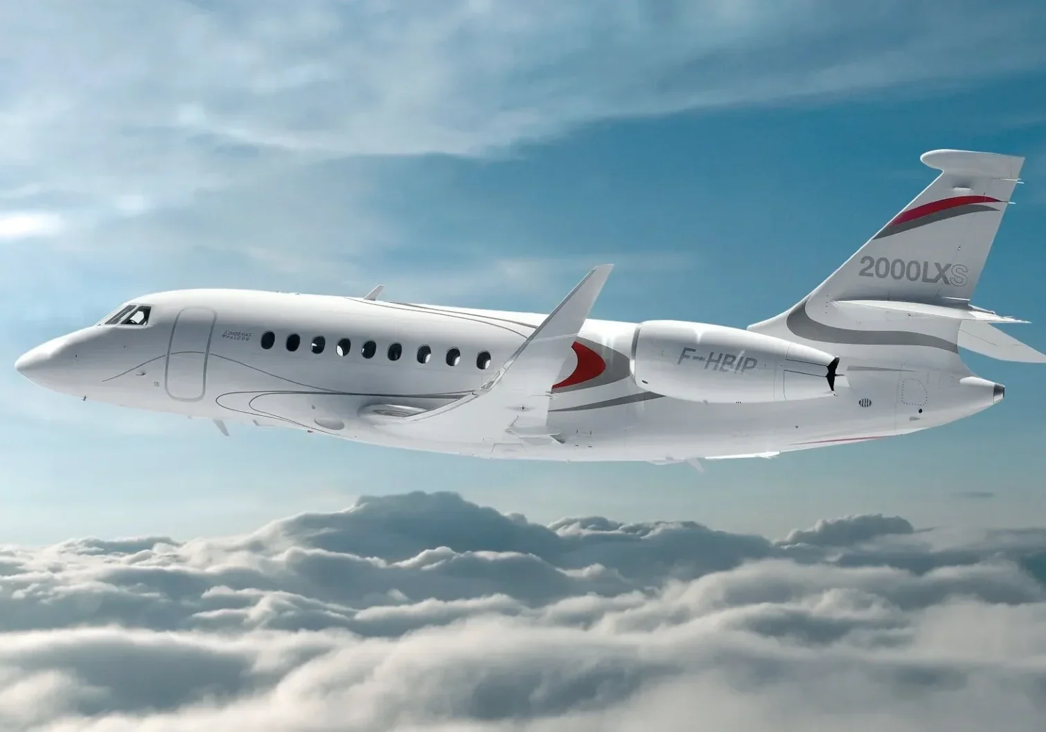 A white jet flying through the air with clouds in background.